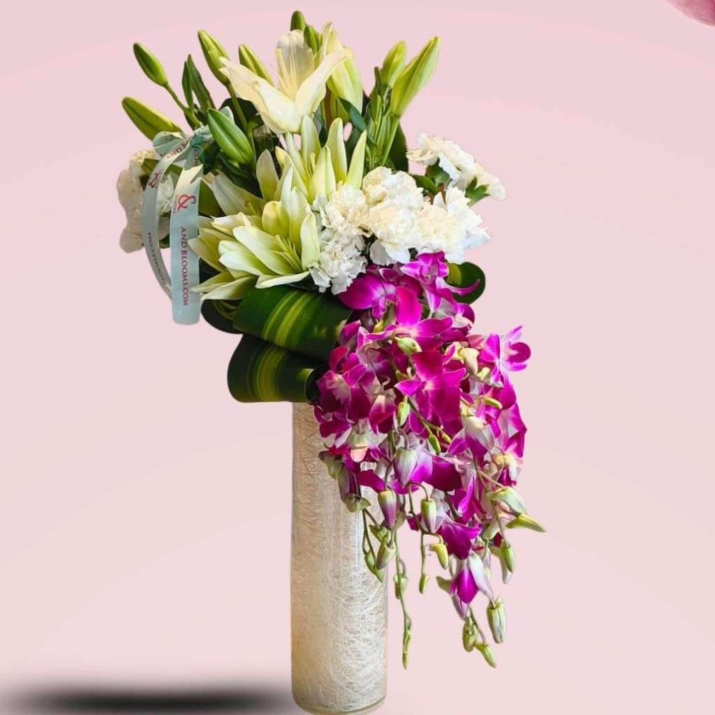 White Lily, Carnation & Purple Orchid Vase