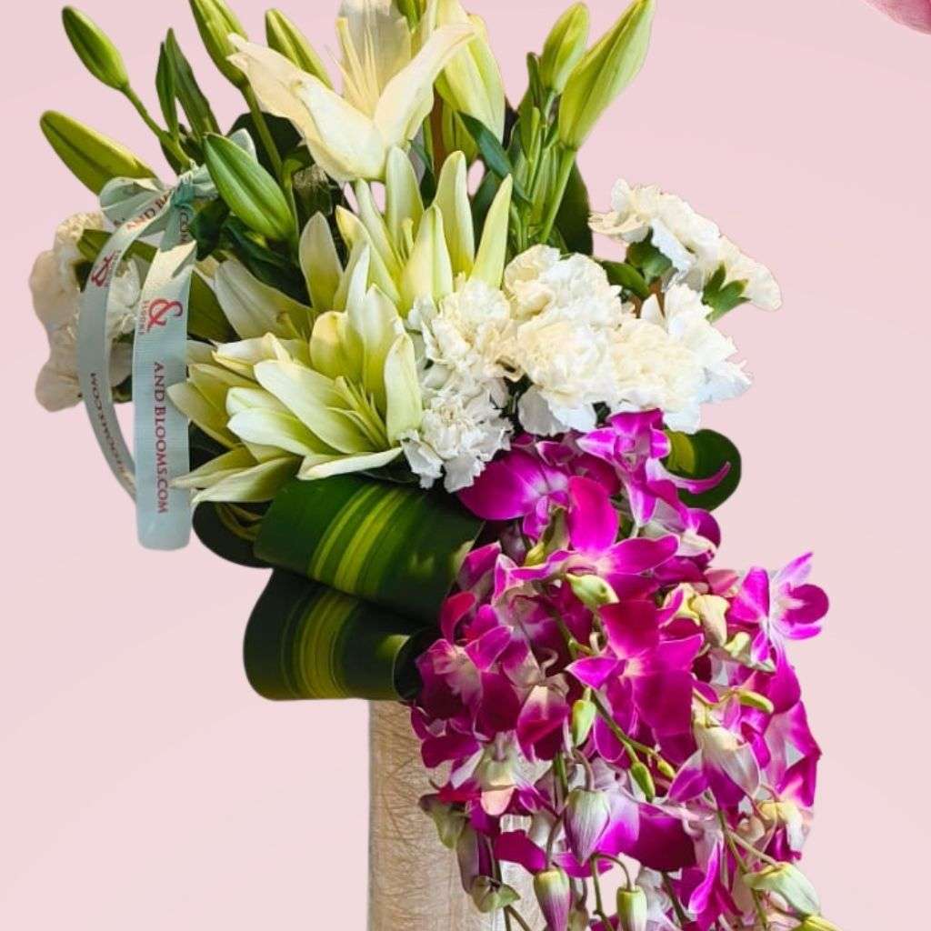 White Lily, Carnation & Purple Orchid Vase Thumbnail 2