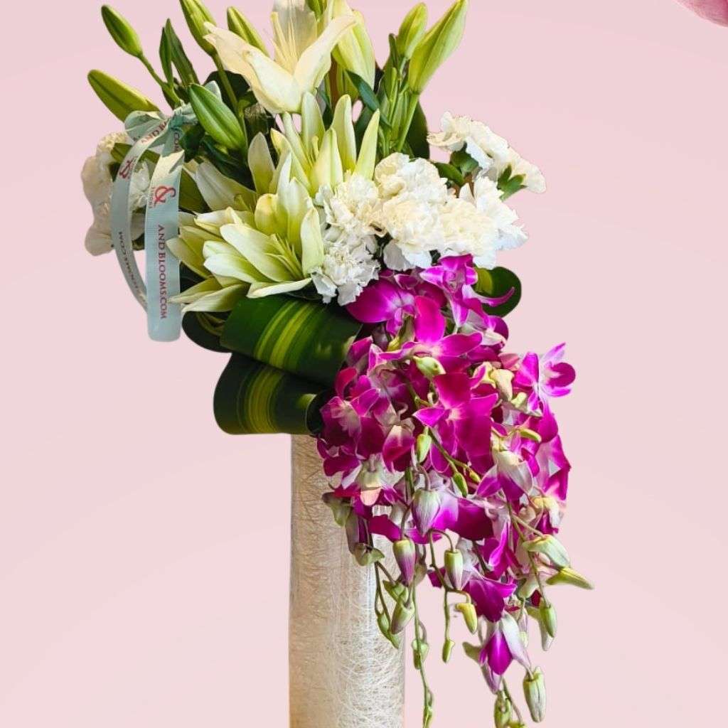 White Lily, Carnation & Purple Orchid Vase Thumbnail 3