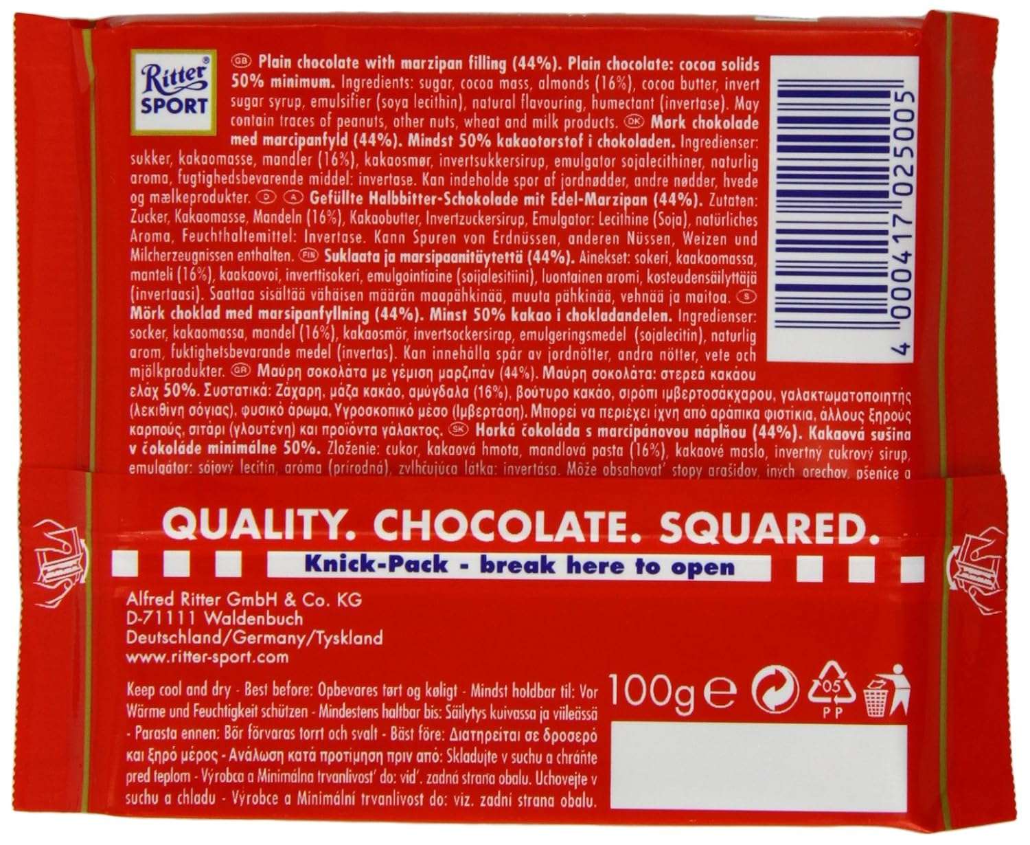 Ritter Sport Dark Chocolate with Marzipan Filling (100g) Thumbnail 2