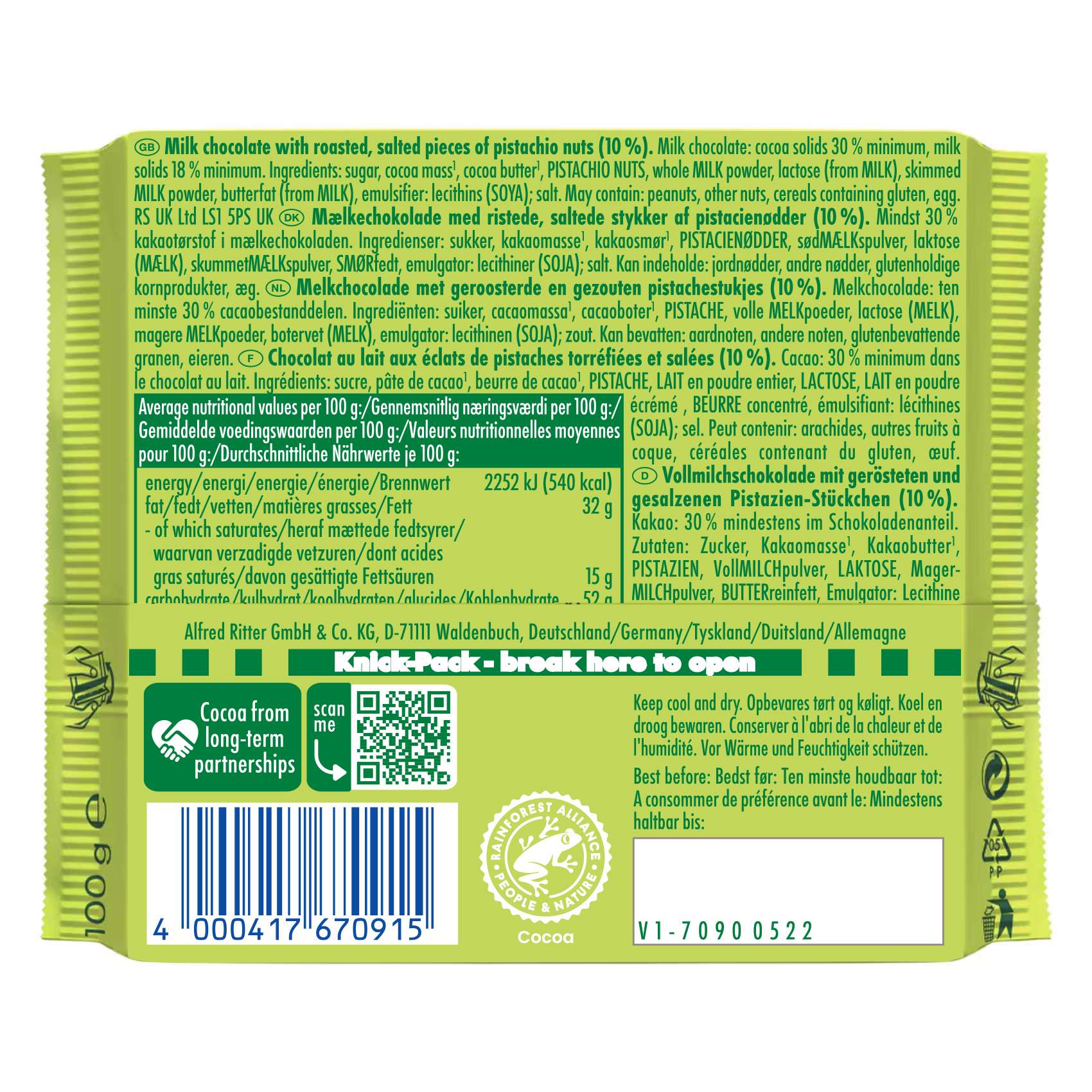 Ritter Sport Chocolate Pistachio 100g Thumbnail 2